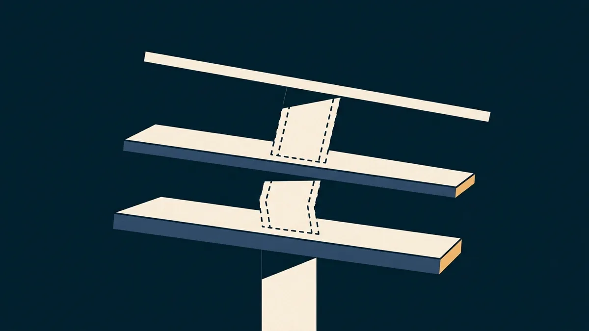 Abstract illustration of a removed support causing several resting plates to tilt together.