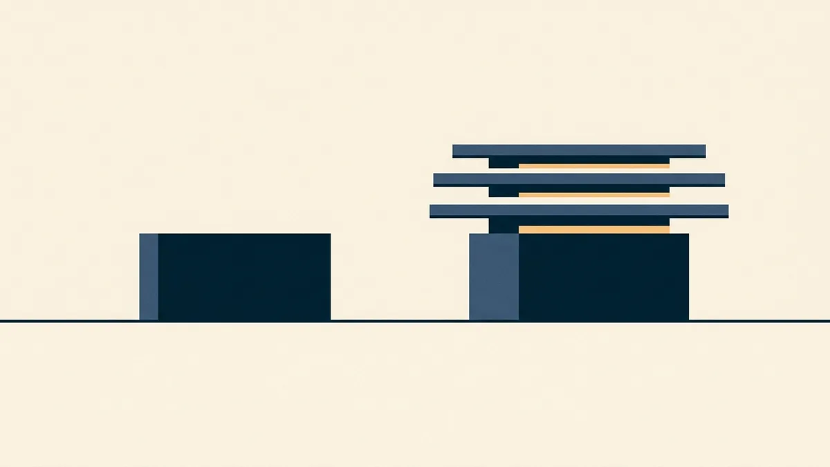 Abstract illustration contrasting a single solid foundation block with a stack of thinner plates resting on one base.