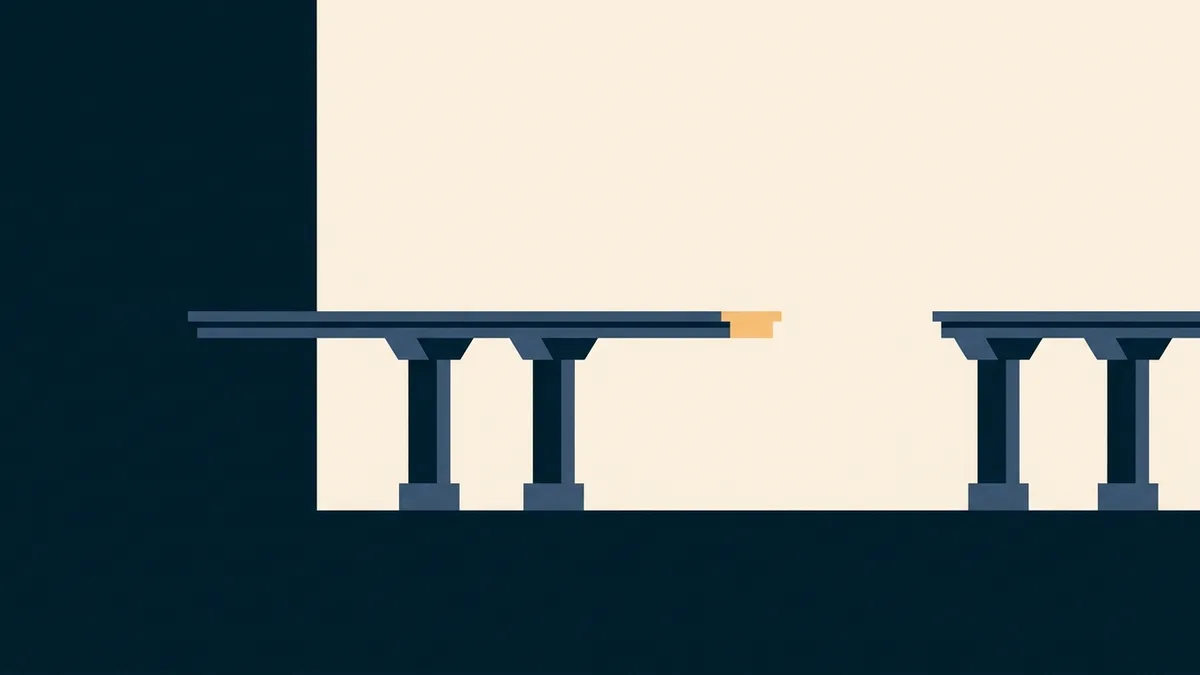 Abstract illustration of a bridge structure with its supports complete but the deck between them not yet joined.