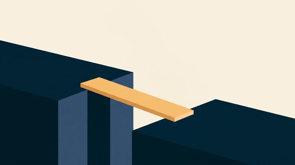 Abstract illustration of a short bridging segment spanning a gap before a longer path resumes.