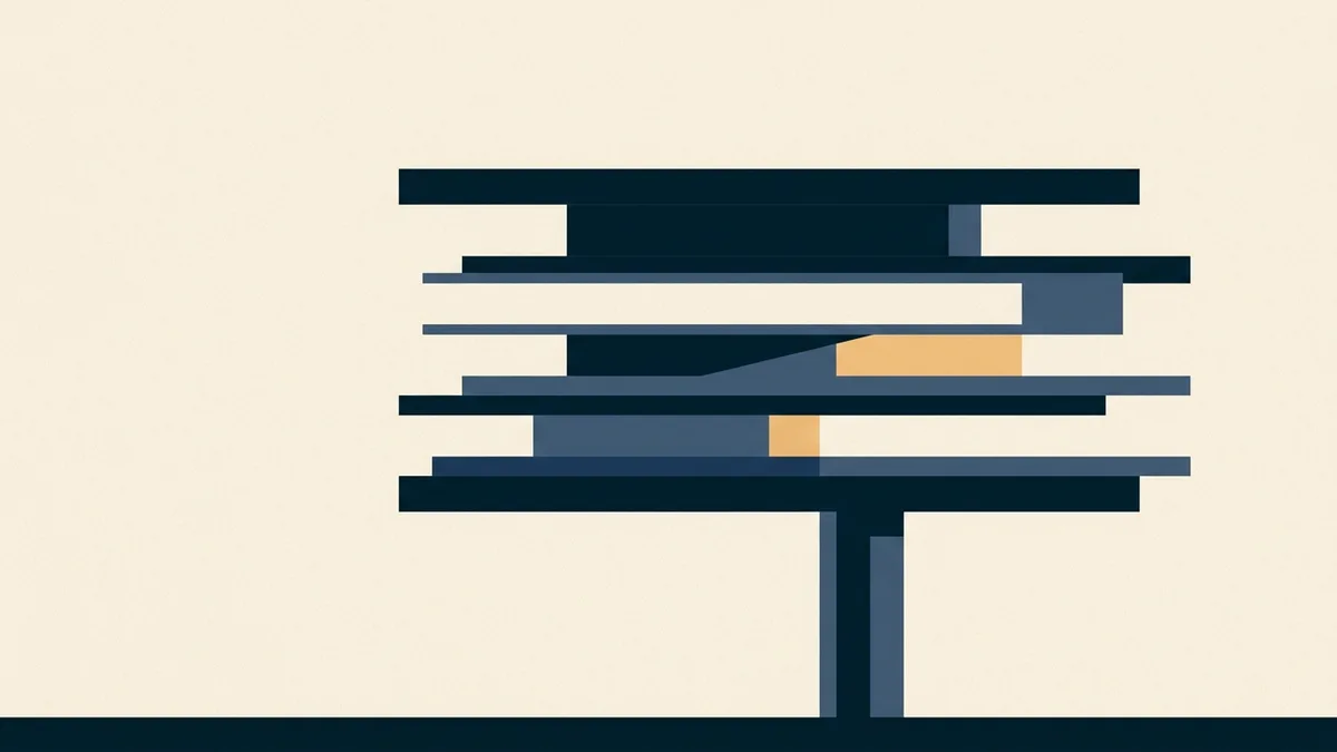 Abstract illustration of several stacked plates resting on one narrow base.
