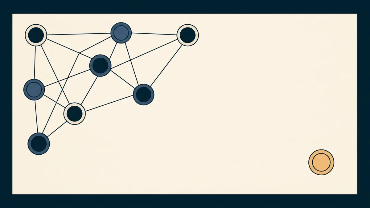 Abstract illustration of a network of connected nodes with one node sitting outside, unconnected by any line.