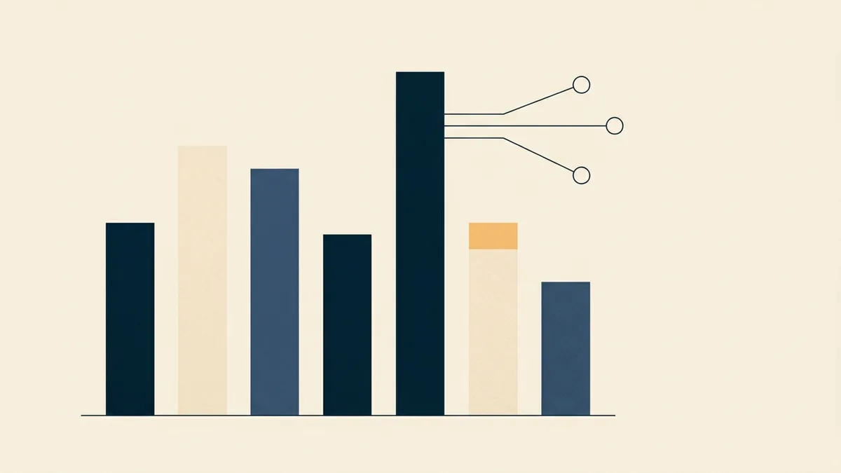 Abstract illustration of a tall bar among shorter ones, connected onward to further shapes.