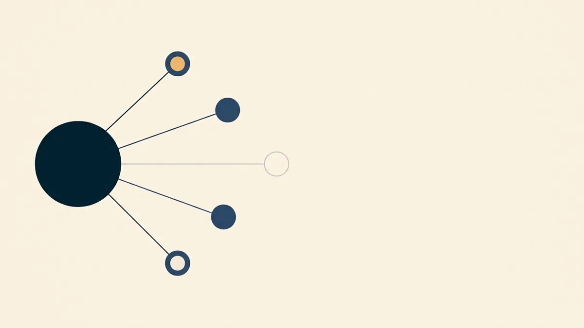 Abstract illustration of one node connected to a fixed number of smaller nodes with one left unconnected.
