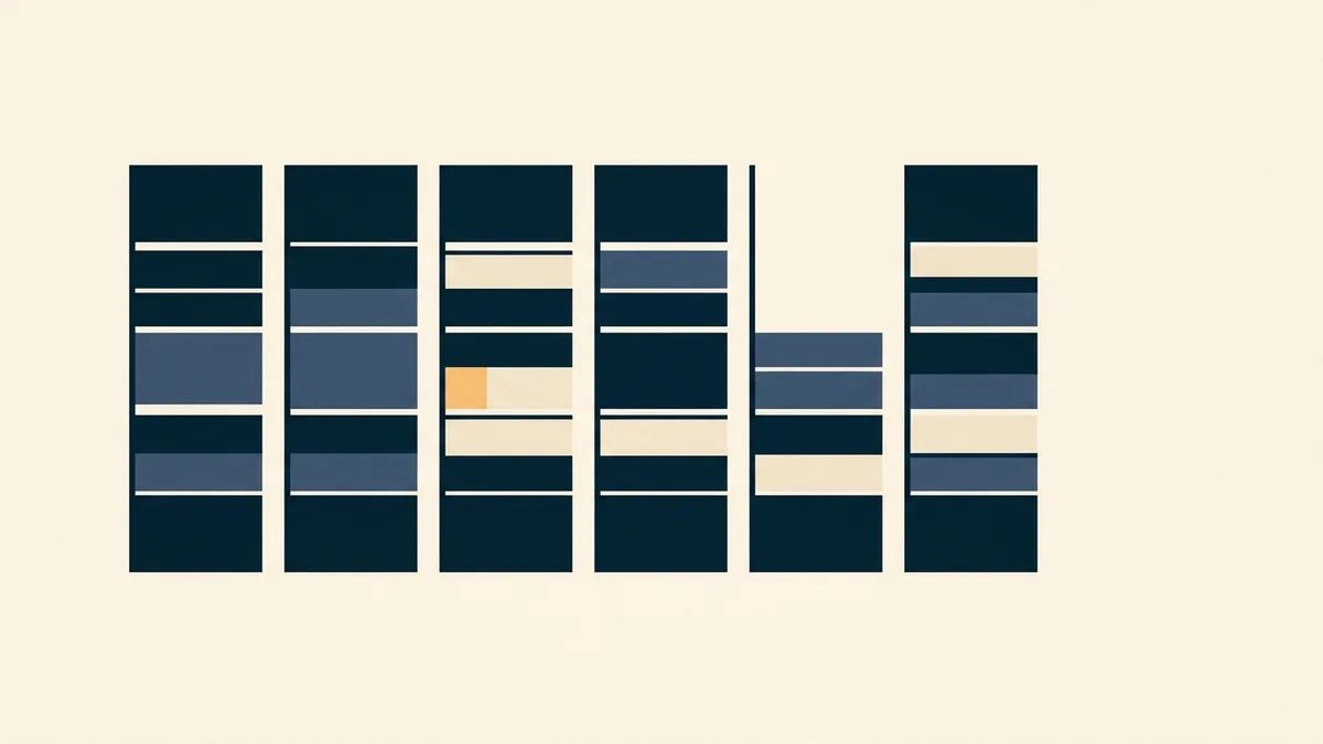 Abstract illustration of a tiered stack with the top tier removed in some columns.