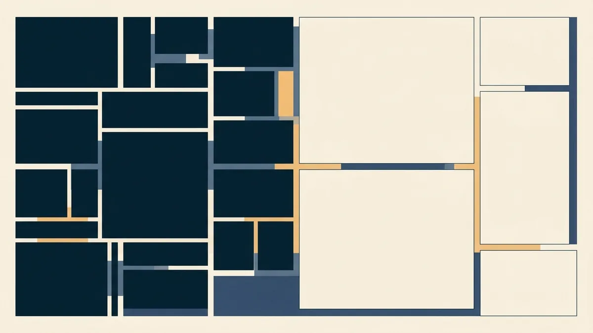 Abstract illustration of a large filled area alongside several substantial unfilled areas of comparable size.