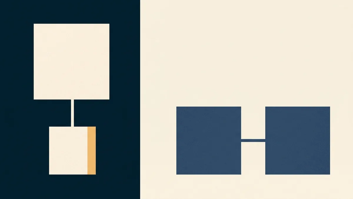 Abstract illustration contrasting a vertical hierarchy with two elements side by side at equal height.