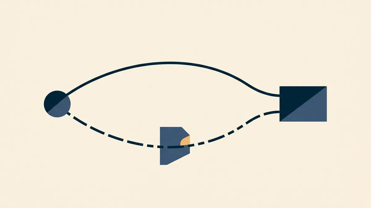 Abstract illustration of two routes between the same points, one direct and one blocked.