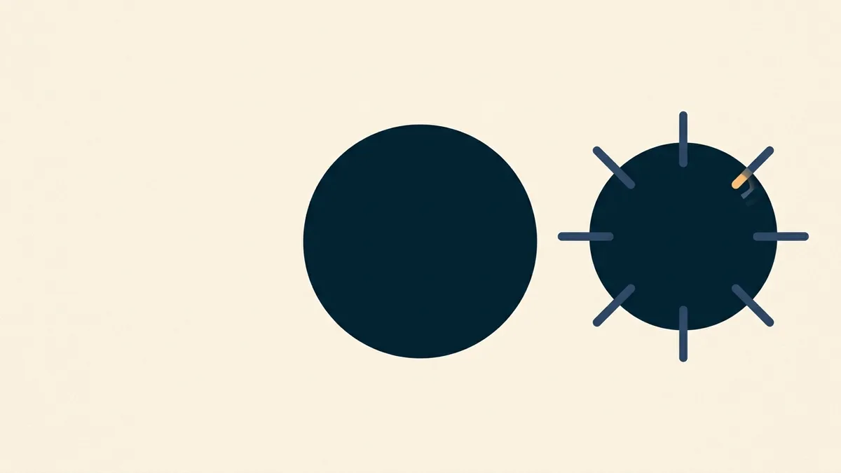Abstract illustration of two similar blocks, one plain and one with several thin extensions radiating from it.